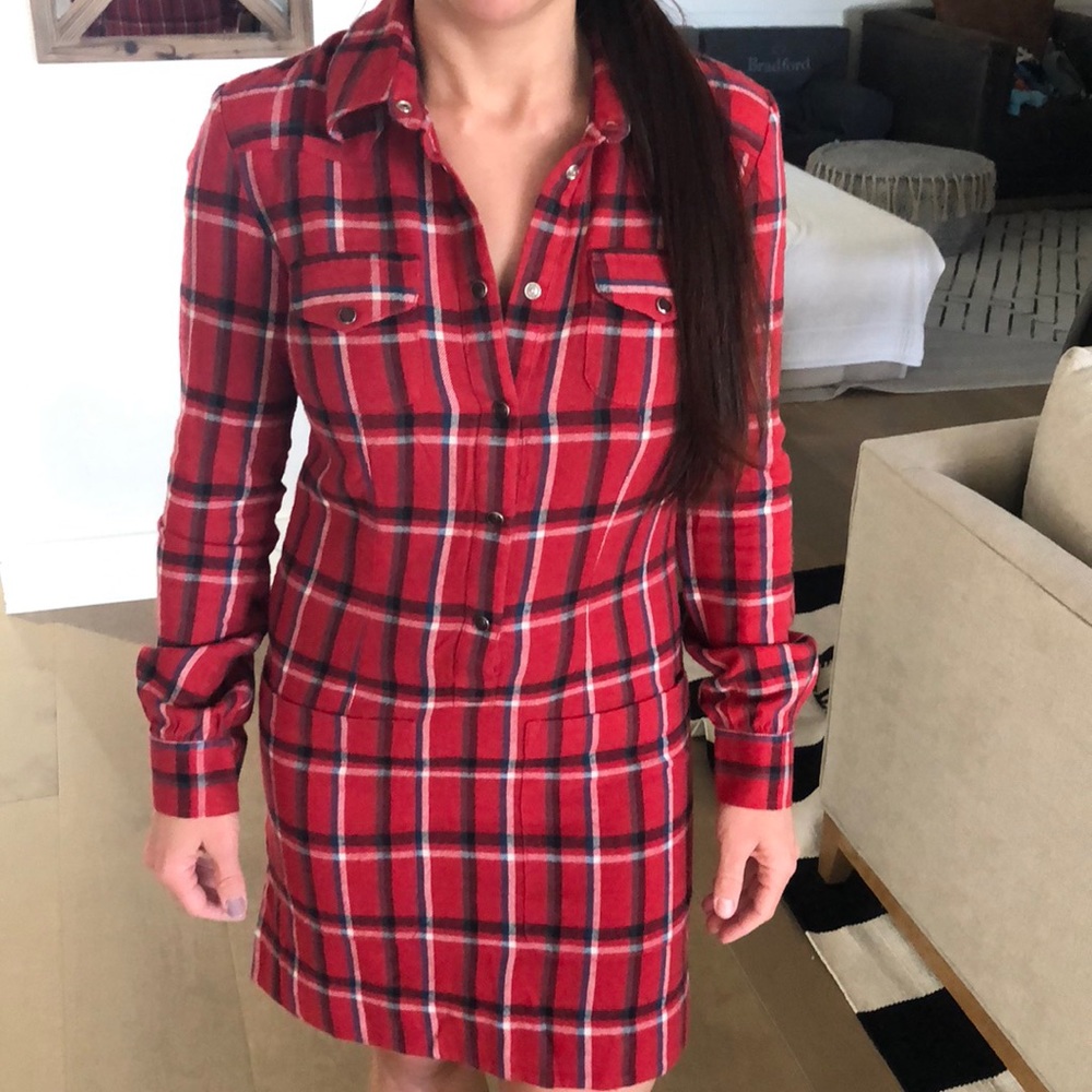 French Connection Red Plaid Snap Button Dress - image 4